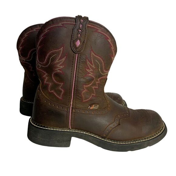 Justin Gypsy Western Boots 10 B Brown Leather Top Stitch Round Toe Rubber Sole - Picture 2 of 9